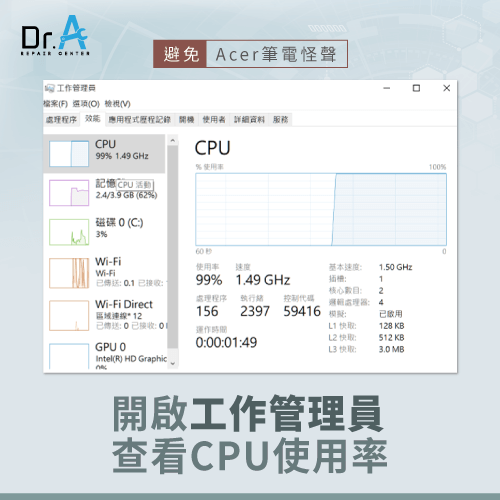 開啟工作管理員查看CPU目前的使用率-Acer筆電怪聲