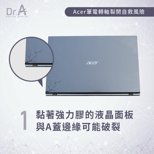 弄破液晶面板與A蓋邊緣-Acer筆電螢幕轉軸壞掉