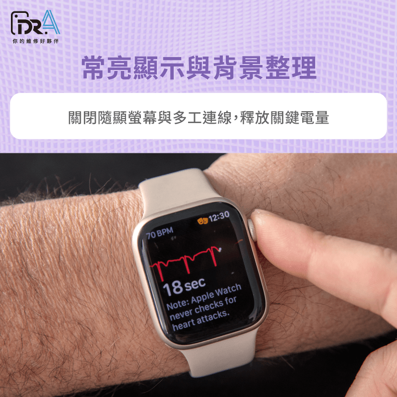 關閉非必要背景重新整理與微調螢幕亮度,有效化解Apple Watch續航力下降問題。 關閉常亮顯示與背景整理-Apple Watch續航力下降