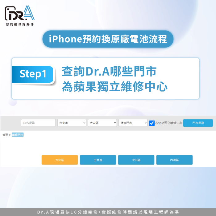 查詢Dr.A哪些門市為蘋果獨立維修中心-iPhone預約換原廠電池