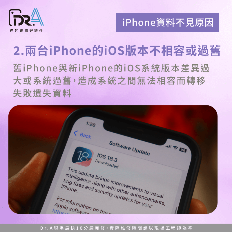 當舊iPhone和新iPhone的iOS版本差距過大時,可能出現轉移失敗的情況 iOS版本不相容-iPhone資料不見轉移未完成