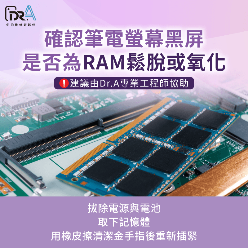 金手指氧化接觸不良或插槽鬆脫,易導致開機黑屏或無預警當機 記憶體(RAM)鬆脫或金手指氧化-筆電黑屏開不了機