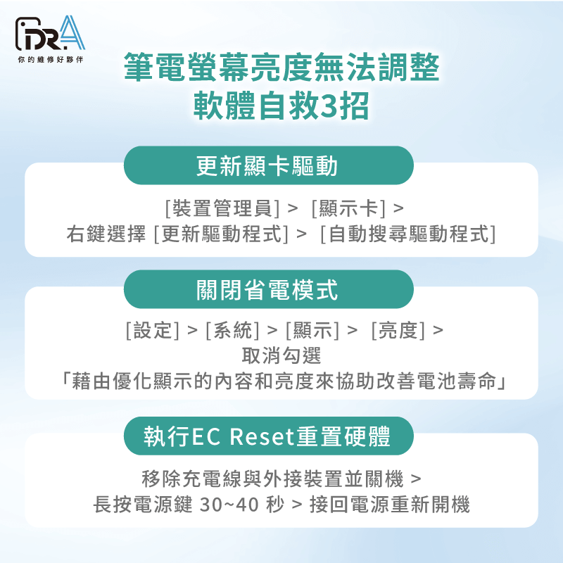 檢查軟體與驅動:3步驟找回亮度控制1.裝置管理員更新驅動 / 2.關閉省電模式 / 3.執行EC Reset重置 透過軟體設定改善-筆電亮度無法調整