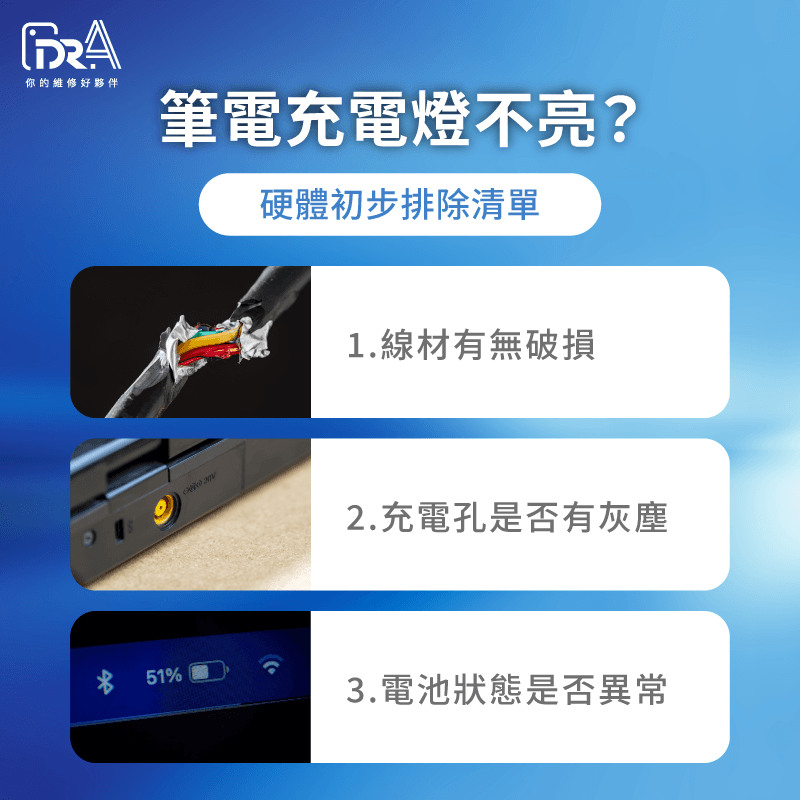 筆電充電異常3大關鍵 1.線材與變壓器檢查 2.充電孔物理損傷 3.電池與EC狀態異常 筆電充電燈不亮-筆電充電沒亮燈