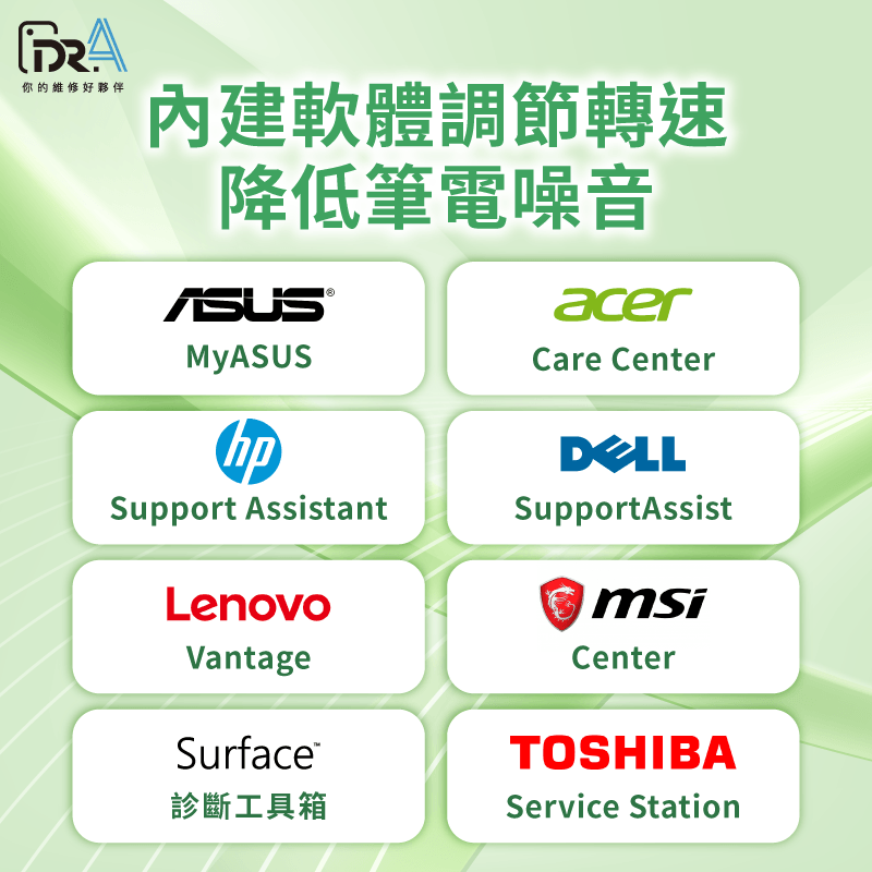 彙整ASUS、Acer、HP等八大品牌的原廠診斷軟體,可透過內建系統直接調整風扇轉速與模式 透過內建軟體調節風扇高效率轉速-筆電風扇突然很大聲