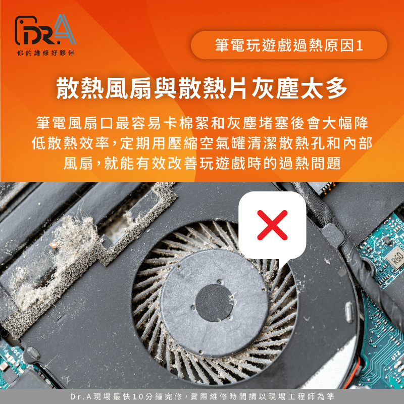 筆電散熱風扇和散熱片最容易積累灰塵,導致空氣流通受阻散熱效率大幅下降 散熱風扇積灰塵-筆電玩遊戲過熱