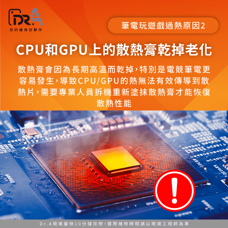 散熱膏會隨著時間推移逐漸乾掉老化,導致CPU和GPU無法有效將熱量傳導到散熱器 散熱膏老化-筆電玩遊戲過熱