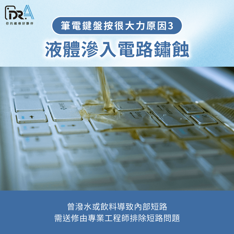 筆電鍵盤進水導致電路鏽蝕短路維修 筆電鍵盤要按很大力 -筆電鍵盤很難按