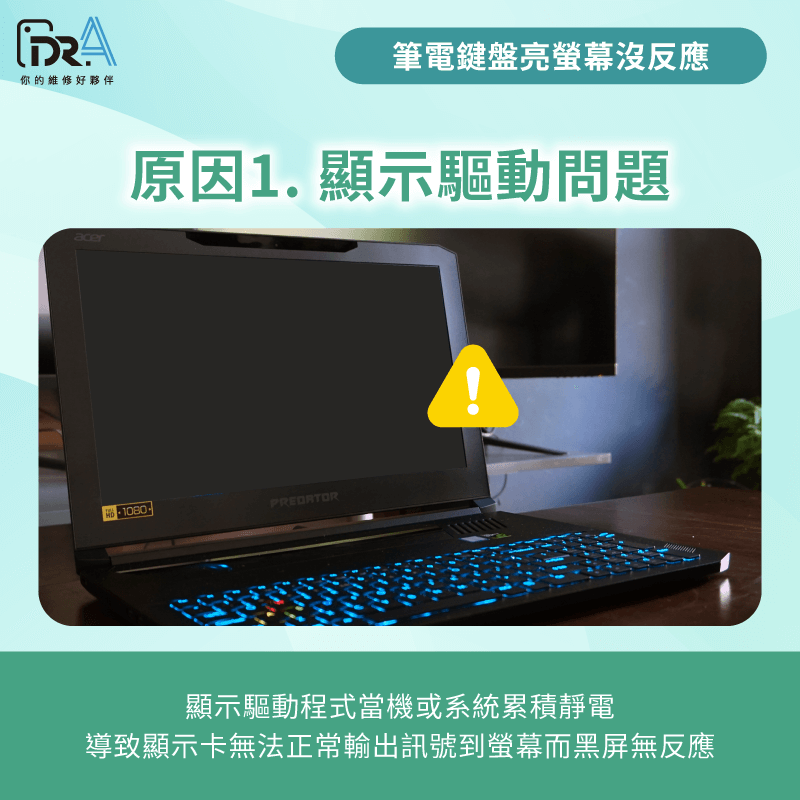 顯示驅動當機或靜電干擾導致系統無法輸出畫面 顯示驅動當機靜電干擾-筆電鍵盤亮 螢幕沒反應