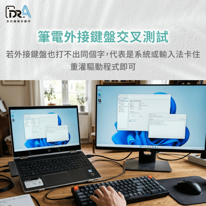 先用外接鍵盤測試,排除系統與軟體問題 重灌驅動程式-筆電按鍵壞掉