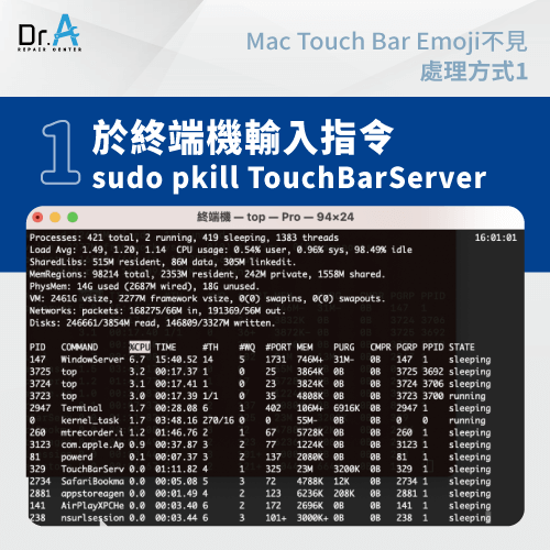 於終端機輸入指令-Mac Touch Bar Emoji不見