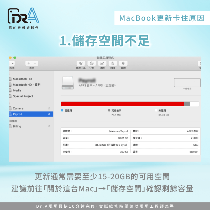 儲存空間不足導致更新中斷-MacBook更新卡住怎麼辦