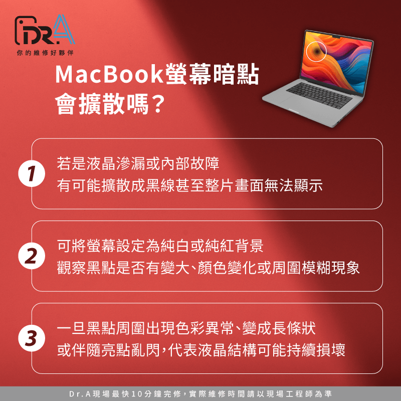 黑點是否會擴散取決於成因、當前狀態、以及使用方式,需要定期觀察與判斷 MacBook螢幕暗點會擴散嗎-MacBook螢幕暗點