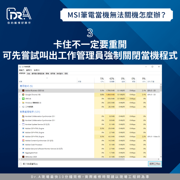 開啟工作管理員-MSI筆電當機無法關機