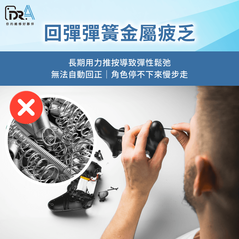 掌握內部機械彈簧回彈結構之疲勞機制,精準改善PS4手把飄移之游標滑動。 回位彈簧金屬彈性疲乏檢測-PS4手把飄移